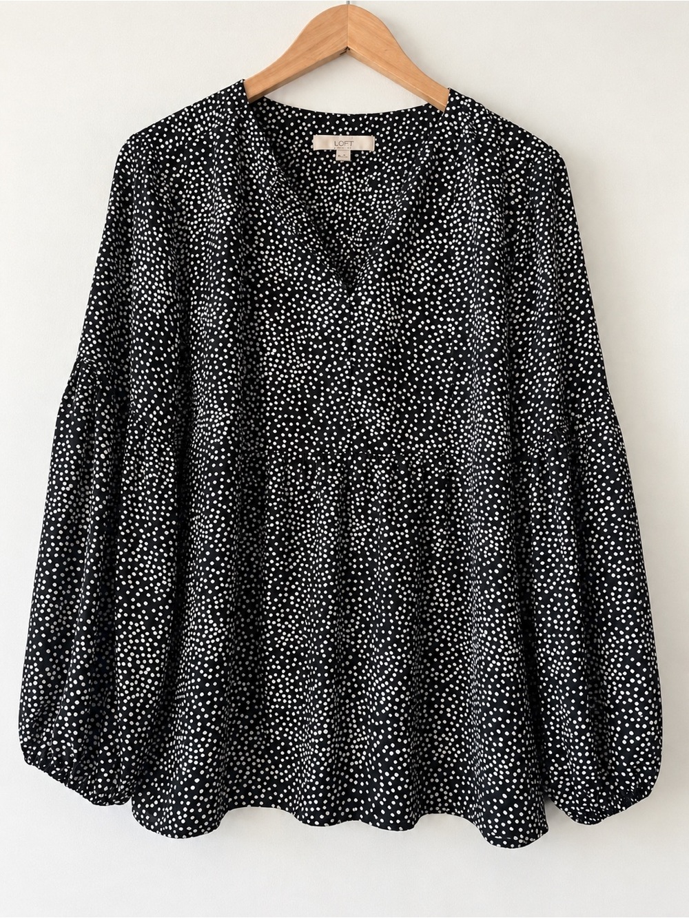 Women’s LOFT black blouse with white polka dots, medium